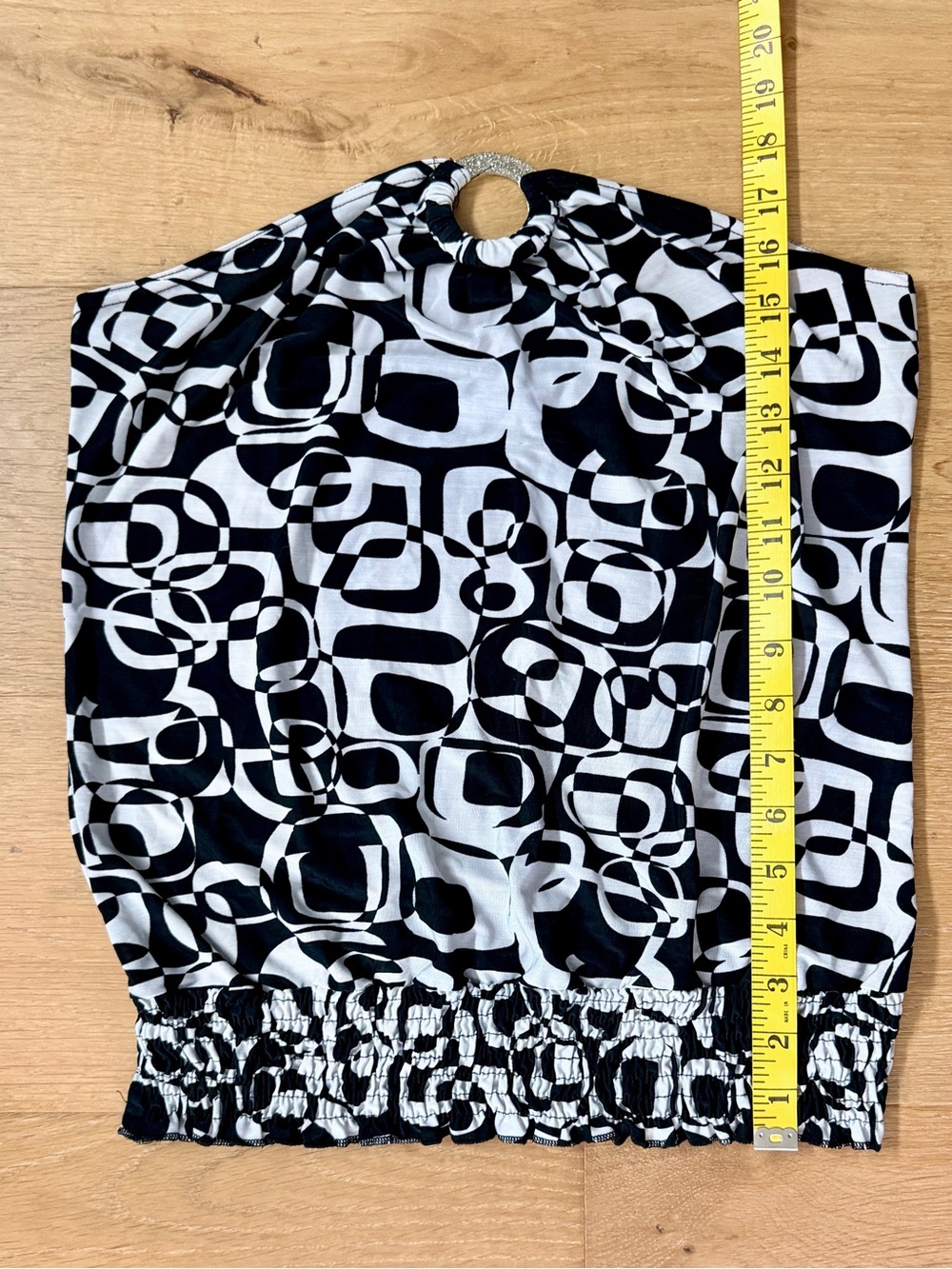 VTG EVE Y2K Op-Art Geometric Tube Top Black White Smocked Hem Ring Loop Wm Large - Picture 7 of 7